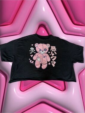Hot Topic Black Crop Tee with Pink Teddy Graphic